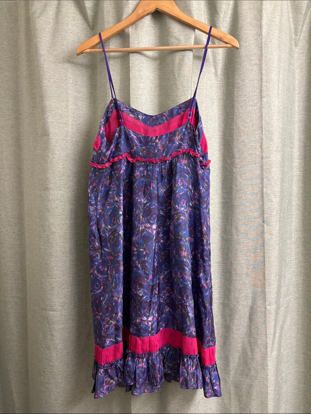 Betsey Johnson Y2K Babydoll Mini Silk Slip Dress Purple w Pink Ruffle Details - Picture 3 of 6